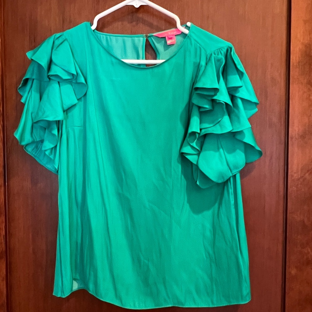 Lilly Pulitzer Emerald Green Shirt with Flutter Sleeves, Size S